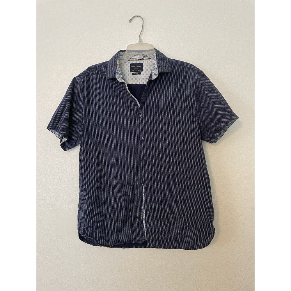 Men’s Denim and Flower Slim Fit Button Up Casual Navy Blue polka dot Large L